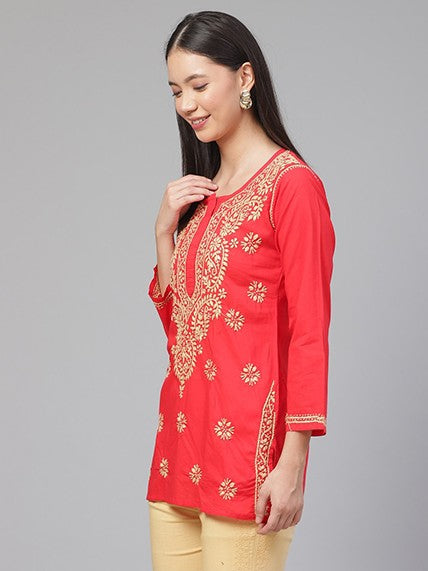 Ada Hand Embroidered Carrot Pink Cotton Lucknowi Chikankari Straight Kurti A250586