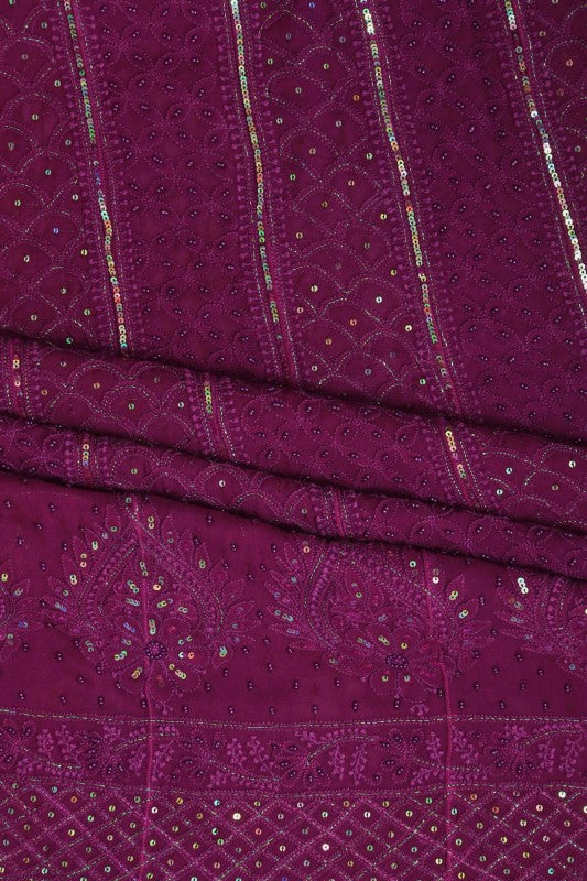 Ada Hand Embroidered Plum Purple Georgette Chikan Semi-stitched Anarkali Kurta Dupatta with Pearl/Sequinned Work A594305