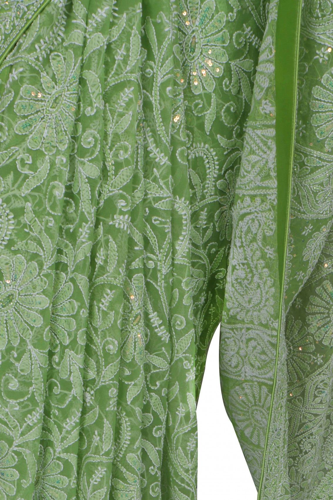 Ada Hand Embroidered Pear Green Georgette Lucknowi Chikankari Saree/Blouse with Cutdana Work 01A131034