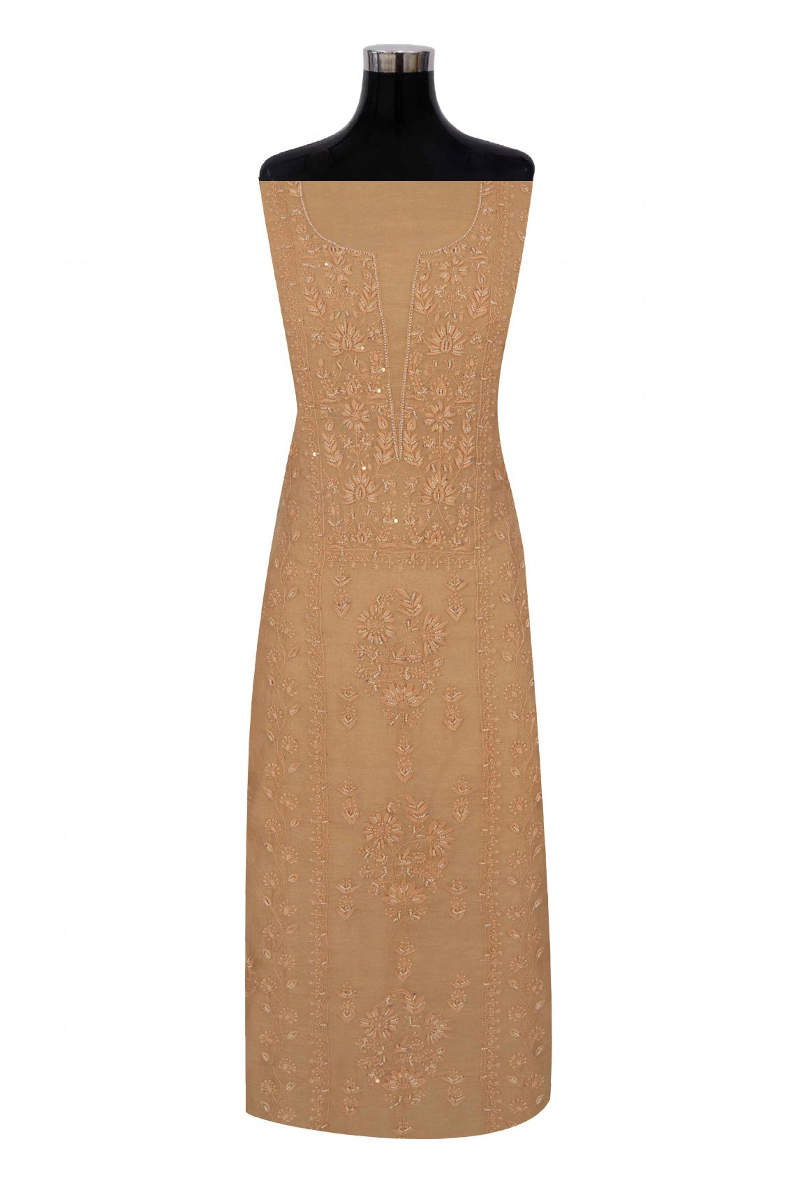 Ada Hand Embroidered Fawn Tissue Lucknowi Chikankari Unstitched Kurta Dupatta Set With Pearl Work 01A193513