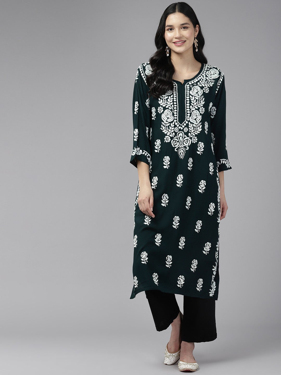 Ada Hand Embroidered Bottle Green Rayon Lucknowi Chikankari Straight Kurta A411433