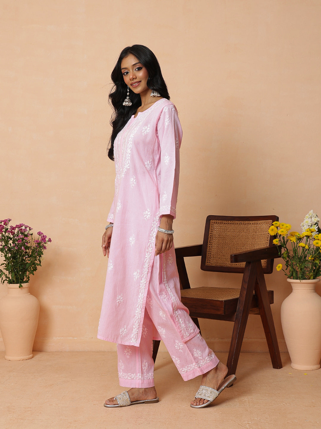 Ada Hand Embroidered Pink Linen Lucknowi Chikankari Co-Ord Set A811389