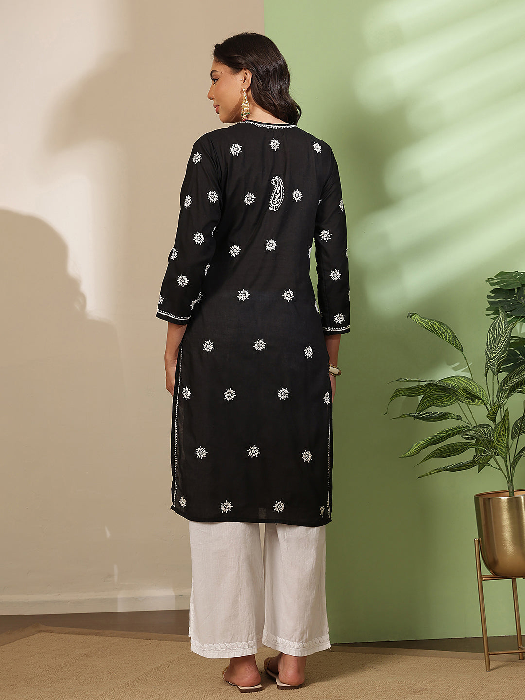 Ada Hand Embroidered Black Cotton Lucknow Chikankari Straight Kurta A130717