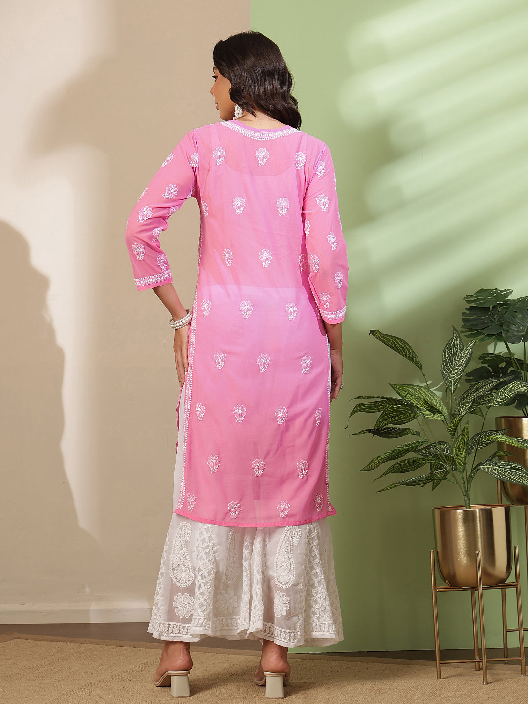 Ada Hand Embroidered Pink Georgette Lucknowi Chikankari Straight Kurta A411221