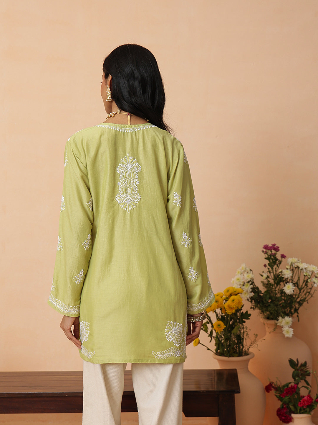 Ada Hand Embroidered Green Muslin Lucknowi Chikankari Short Kurti A911582