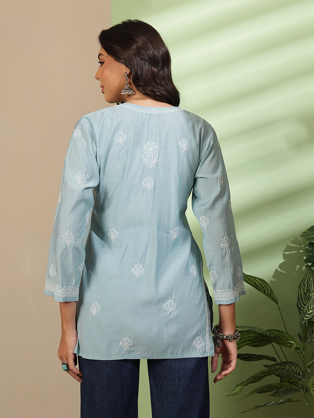 Ada Hand Embroidered Powder Blue Chanderi Silk Lucknowi Chikankari Short Kurti A911563