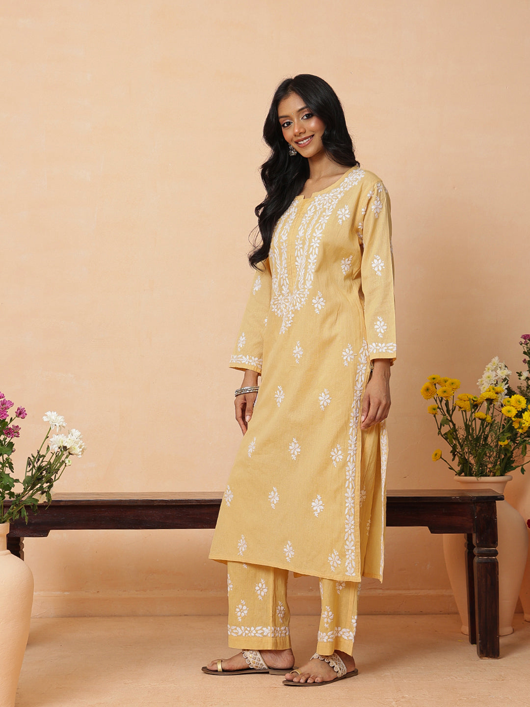 Ada Hand Embroidered Fawn Linen Lucknowi Chikankari Co-Ord Set A811386