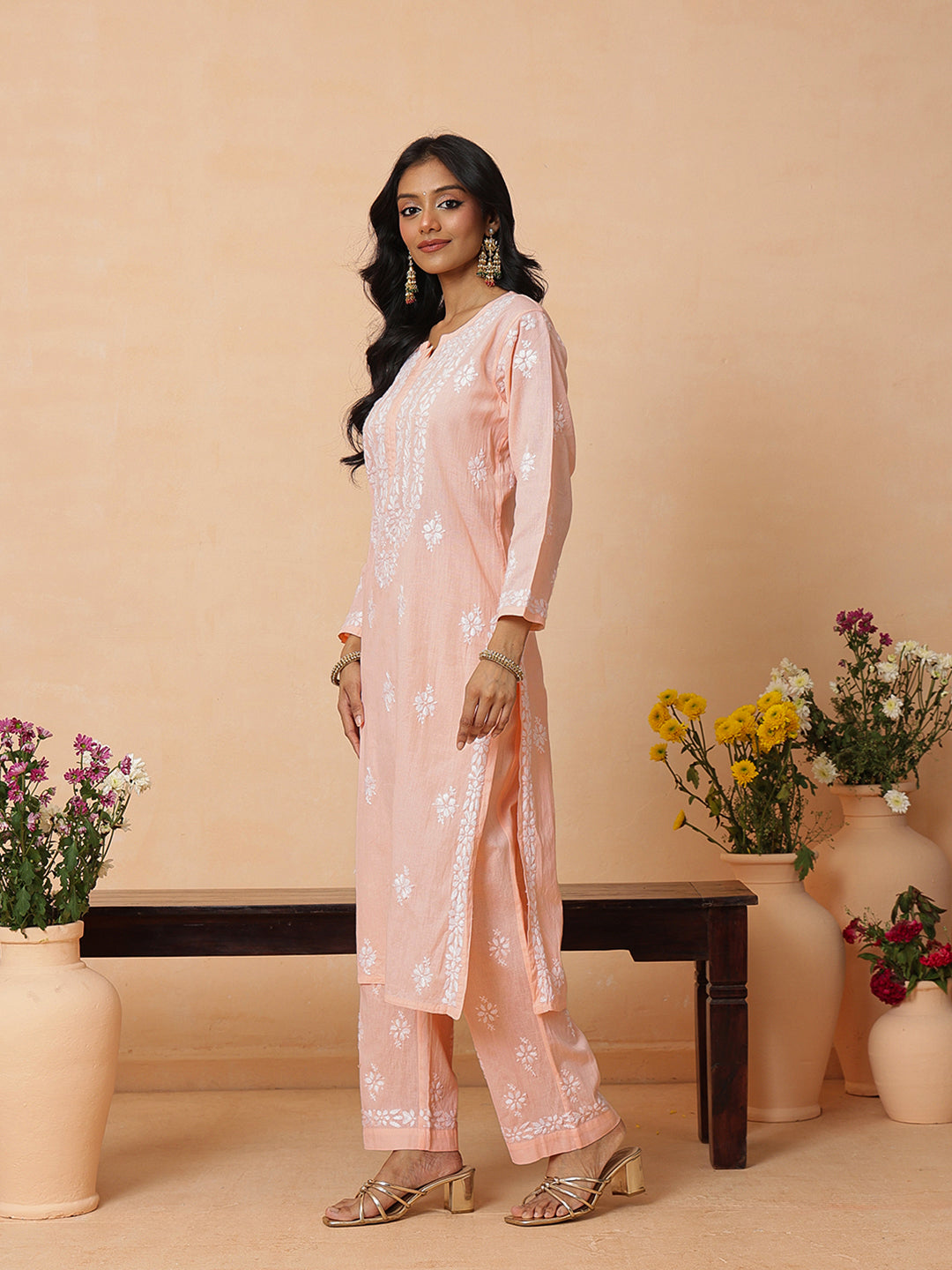 Ada Hand Embroidered Peach Linen Lucknowi Chikankari Co-Ord Set A811387