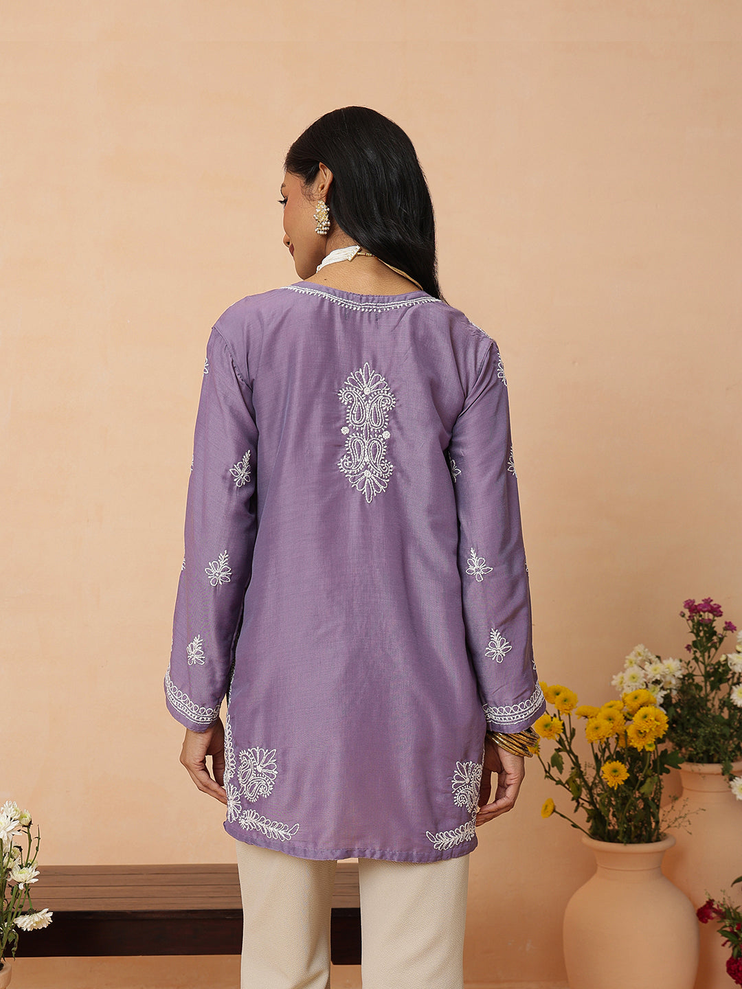 Ada Hand Embroidered Mauve Muslin Lucknowi Chikankari Short Kurti A911587