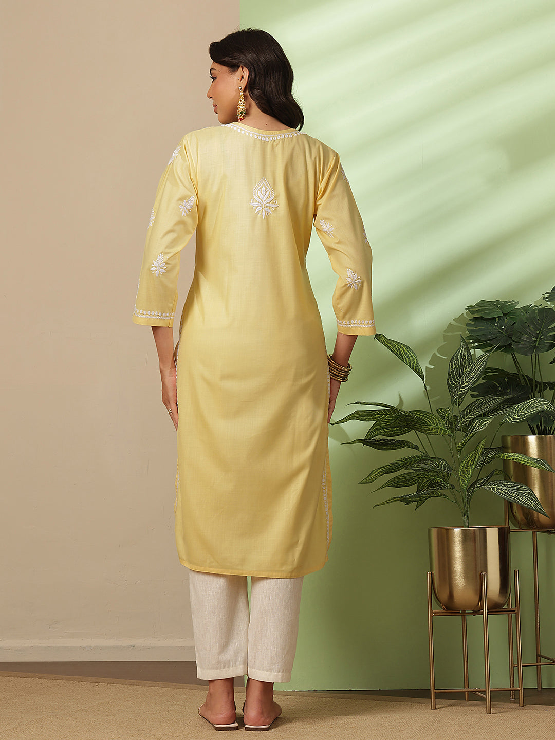 Ada Hand Embroidered Yellow Cotton Lucknow Chikankari Kurta A411814