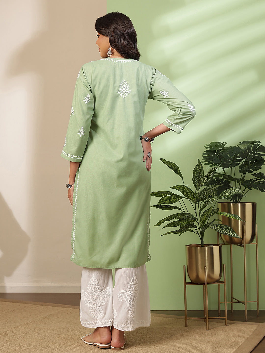 Ada Hand Embroidered Sage Green Cotton Lucknow Chikankari Kurta A411813