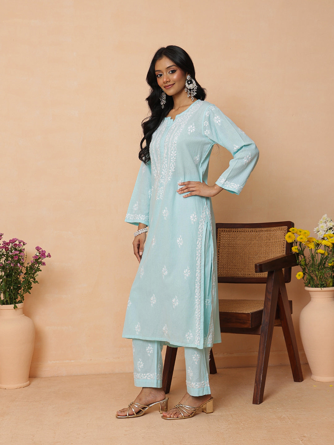 Ada Hand Embroidered Blue Linen Lucknowi Chikankari Co-Ord Set A811385