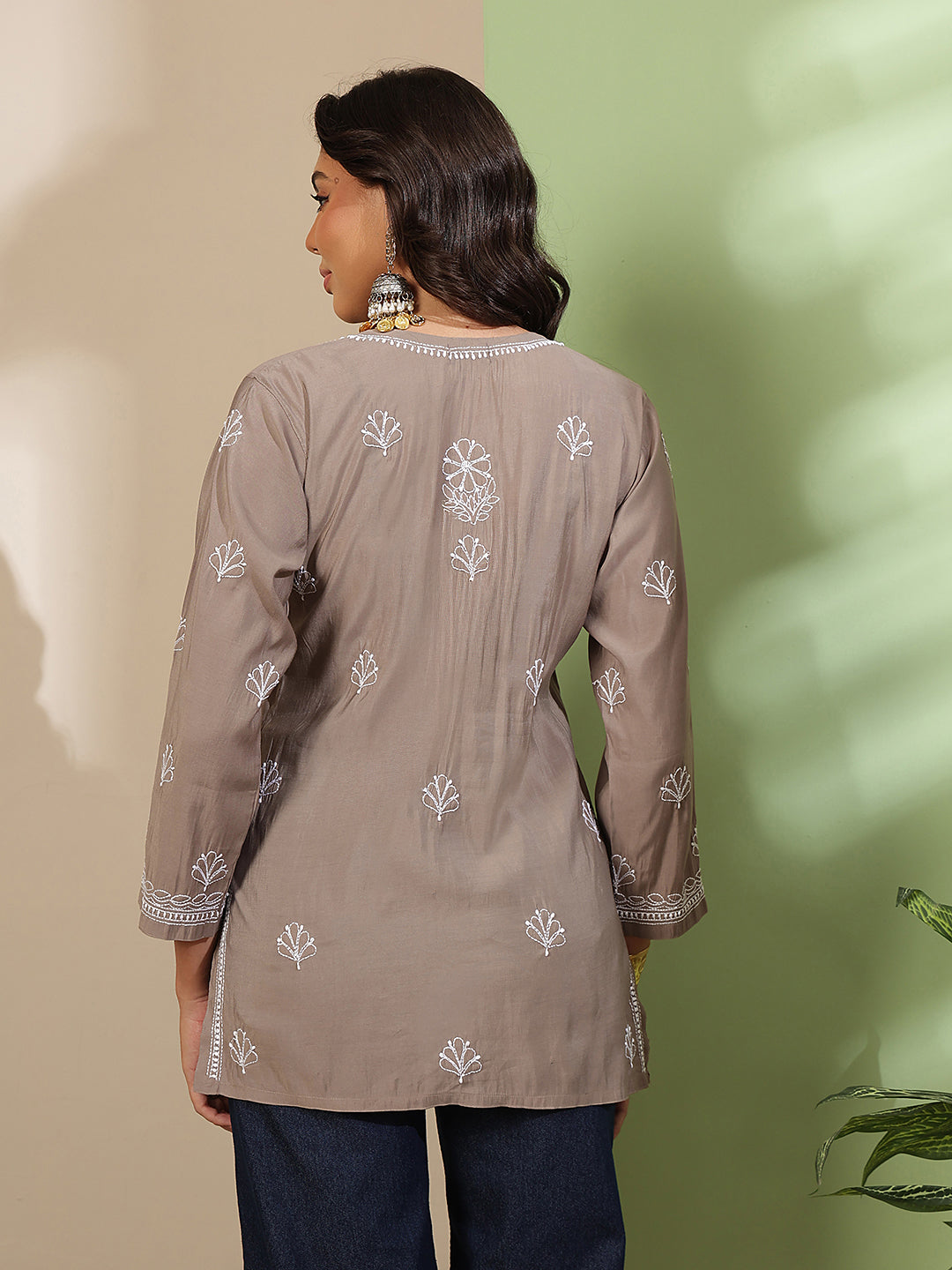 Ada Hand Embroidered Brown Chanderi Silk Lucknowi Chikankari Short Kurti A911562