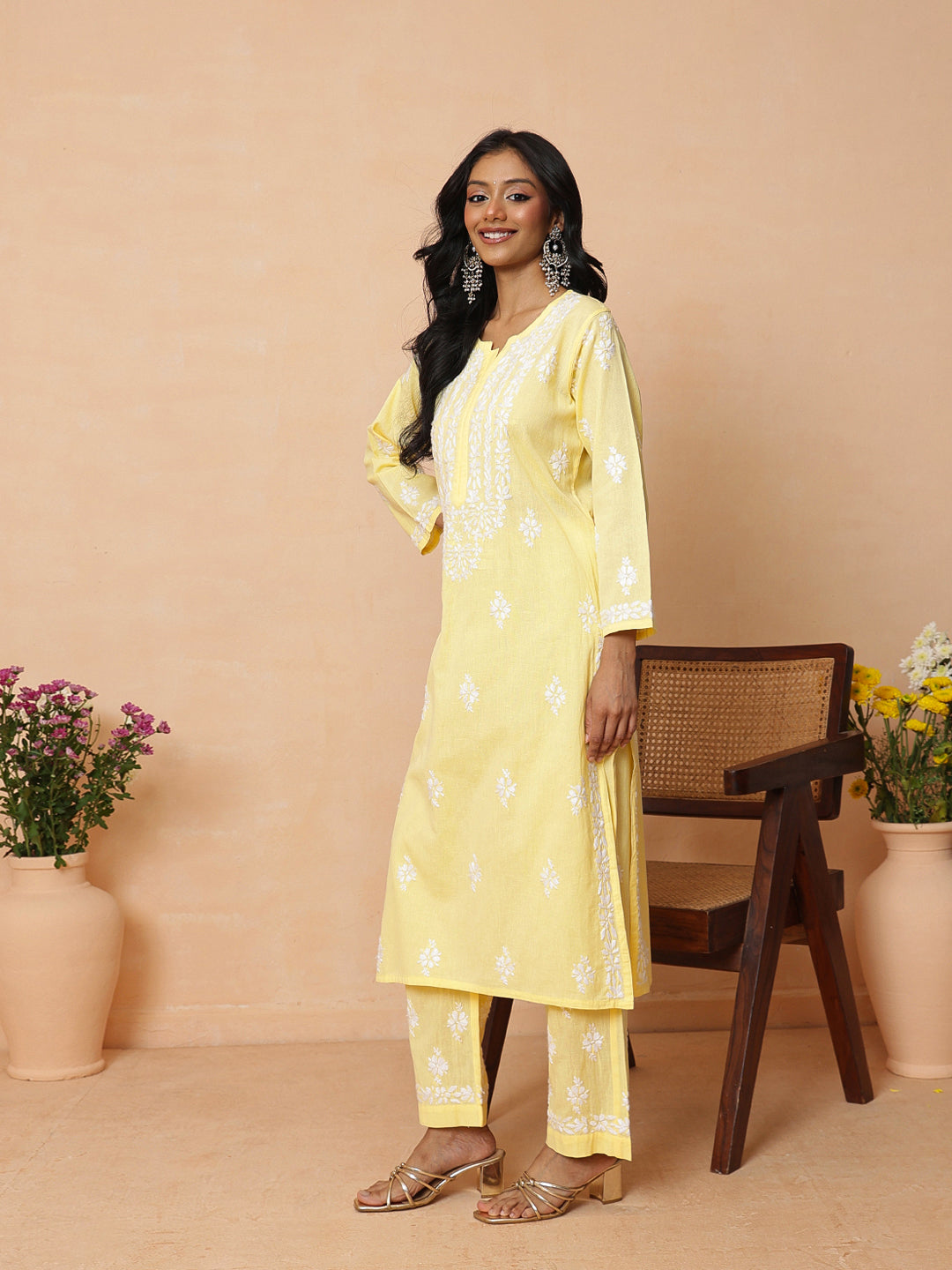Ada Hand Embroidered Yellow Linen Lucknowi Chikankari Co-Ord Set A811388