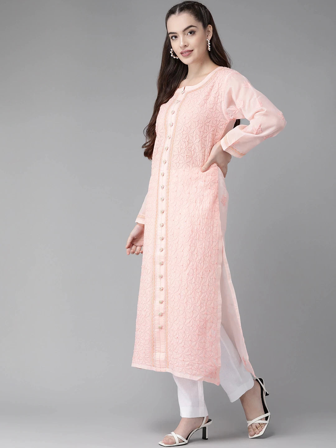 Ada Hand Embroidered Peach Cotton Lucknow Chikan Straight Kurta-A411249
