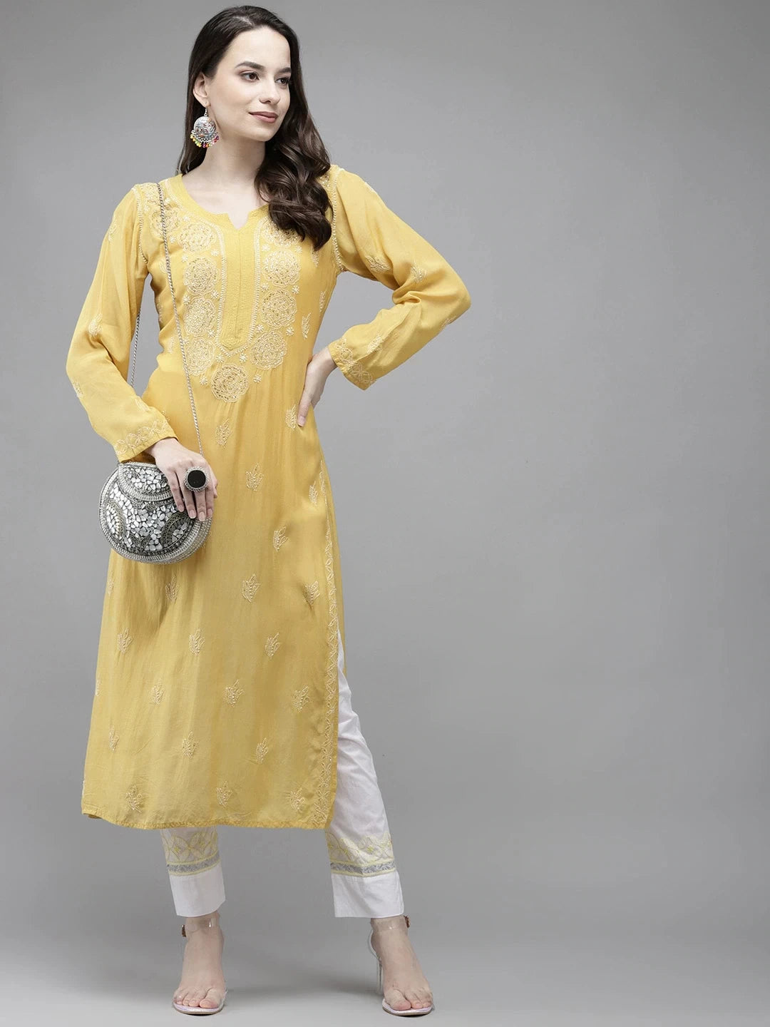 Ada Hand Embroidered Lime Green Muslin Lucknowi Chikankari Straight Kurta With Muqaish Work A411301