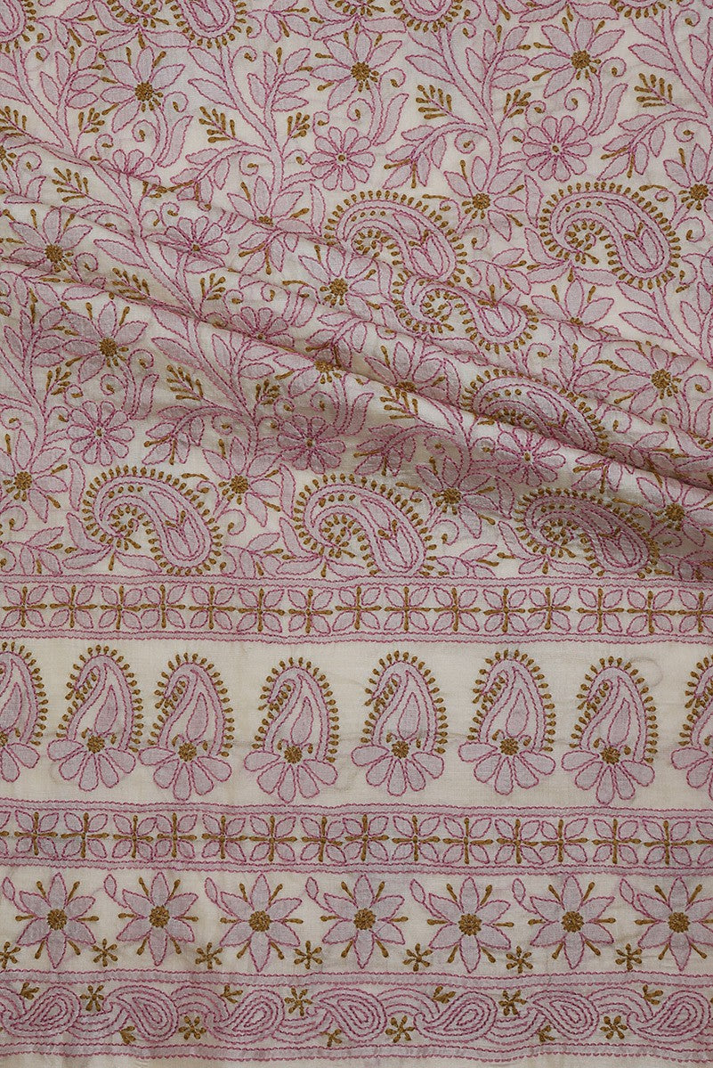 Ada Hand Embroidered Natural Cream Tusser Silk Lucknowi Chikan Unstitched Suit Piece- A609356
