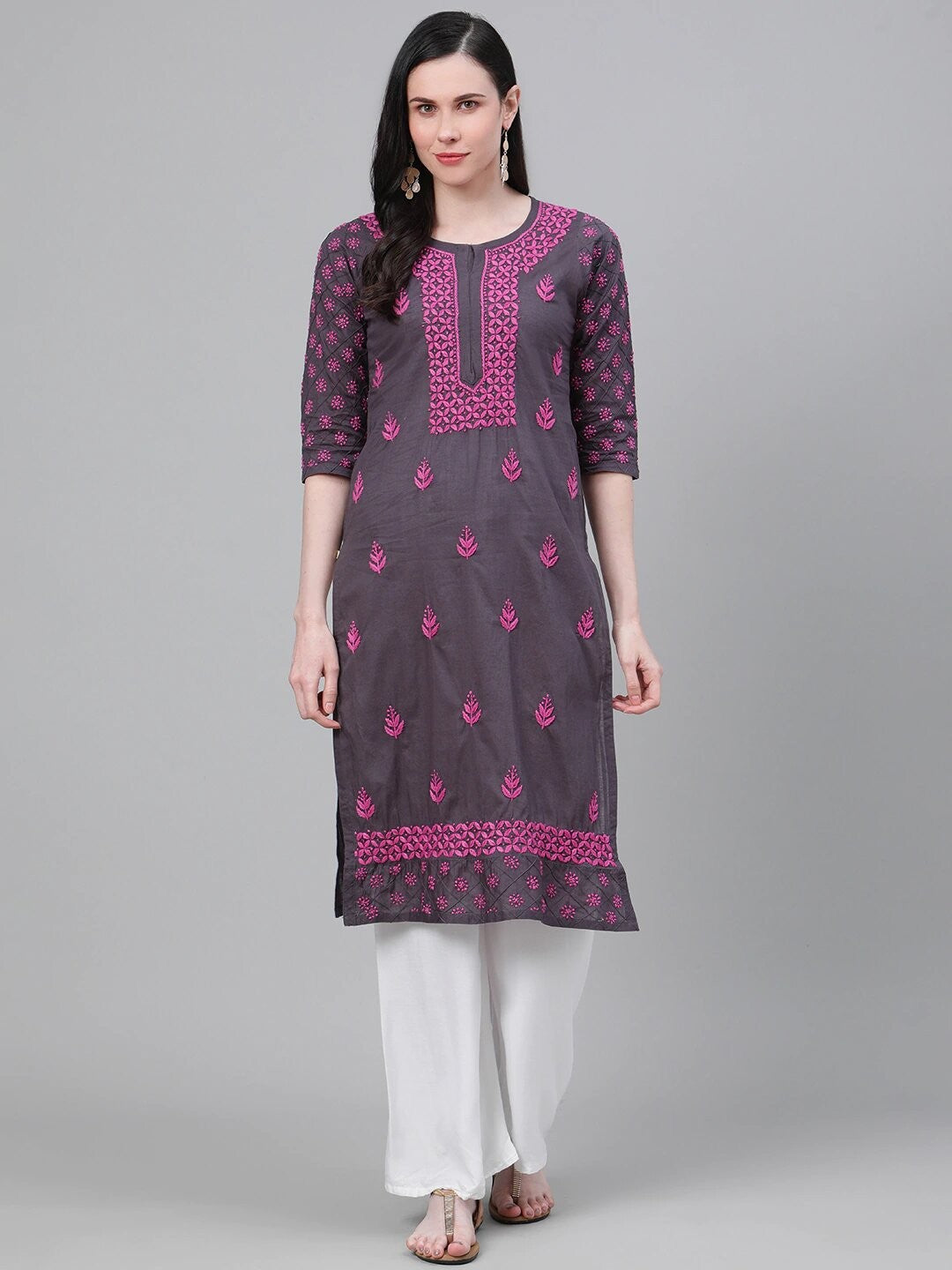 Ada Hand Embroidered Grey Cotton Lucknowi Chikankari Straight Kurta A411147