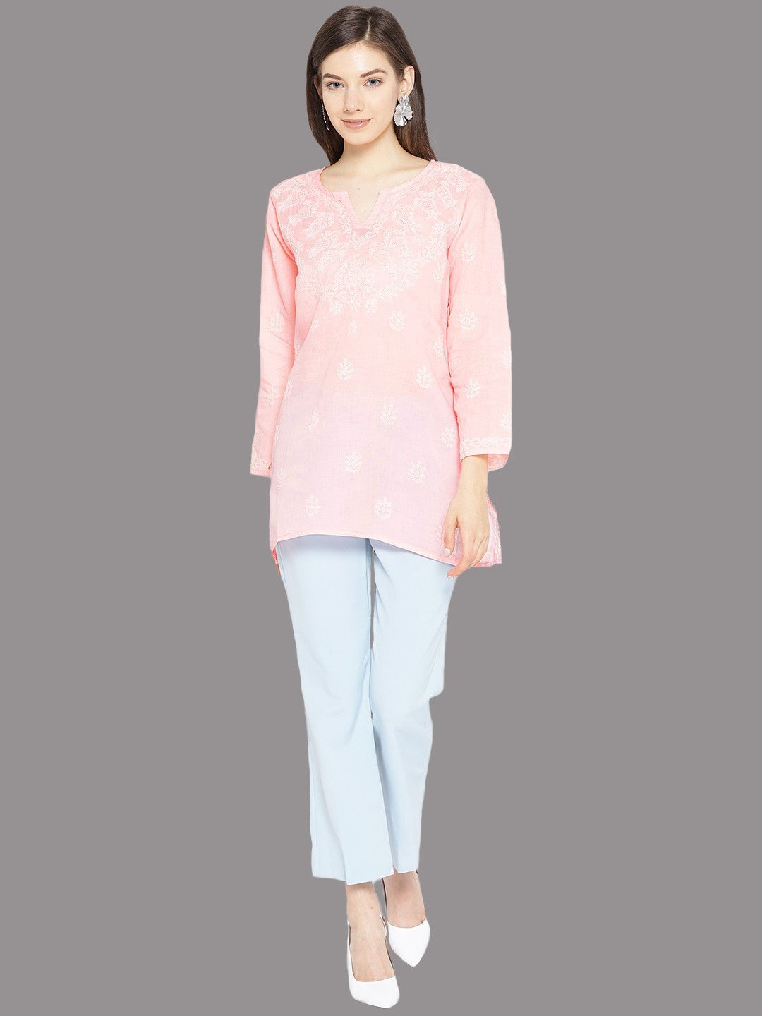 Ada Hand Embroidered Pink Cotton Lucknowi Chikan Kurti A509493