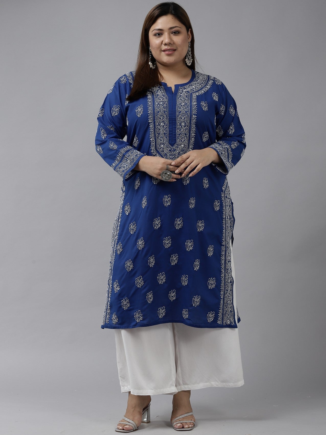 Ada Hand Embroidered Royal Blue Cotton Lucknowi Chikankari Straight Kurta A100458