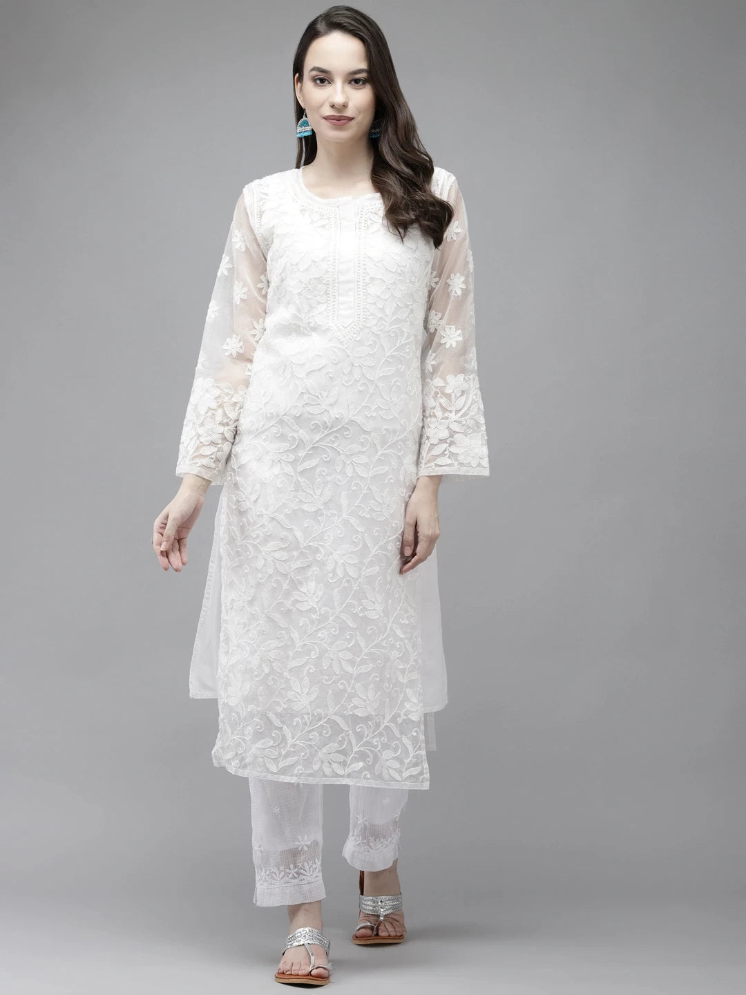 Ada Hand Embroidered White Organza Lucknowi Chikankari Straight Kurta With Slip A411302