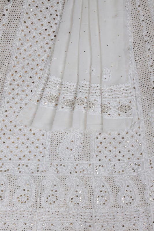 Ada Hand Embroidered White Georgette Lucknowi Chikankari Semi-stitched Anarkali Kurta Dupatta Set With Muqaish Work- A621527