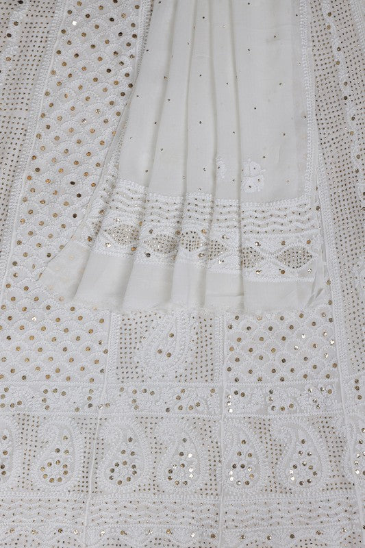 Ada Hand Embroidered White Georgette Lucknowi Chikankari Semi-stitched Anarkali Kurta Dupatta Set With Muqaish Work- A621527