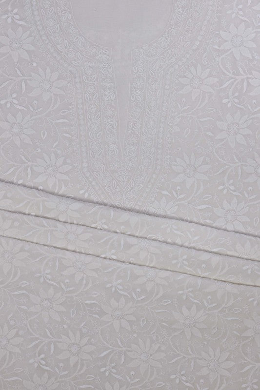 Ada Hand Embroidered White Pure Georgette Lucknowi Chikan Unstitched Kurta Dupatta Set A385943