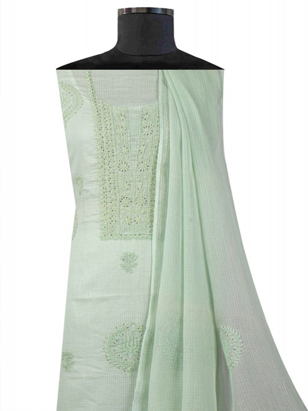 Ada Hand Embroidered Pista Green Kota Lucknowi Chikan Unstitched Kurta Dupatta Set With Muqaish Work A614846