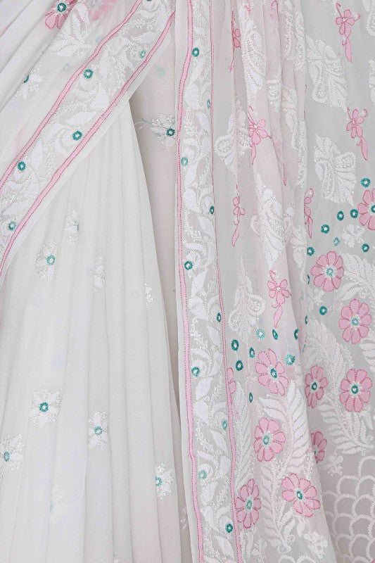 Ada Hand Embroidered White Georgette Lucknowi Chikankari Saree with Blouse A610319