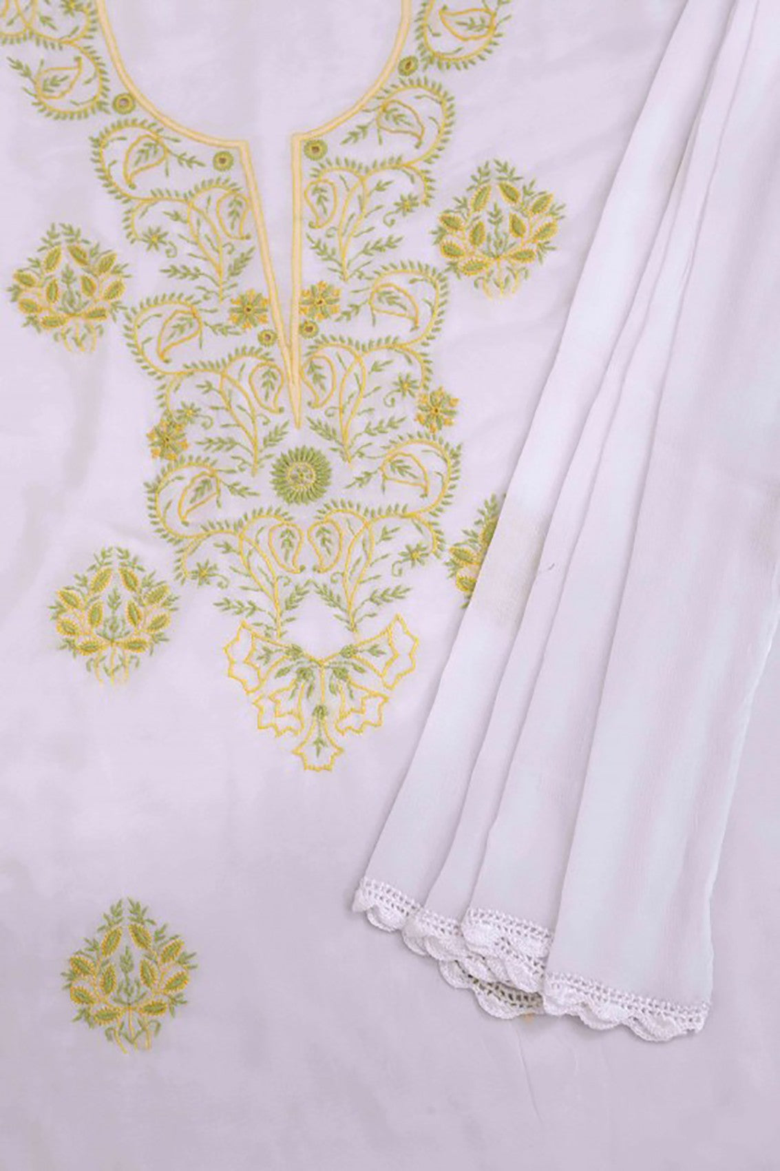 Ada Hand Embroidered White Georgette Lucknowi Chikankari Unstitched Kurta Dupatta Set A442515
