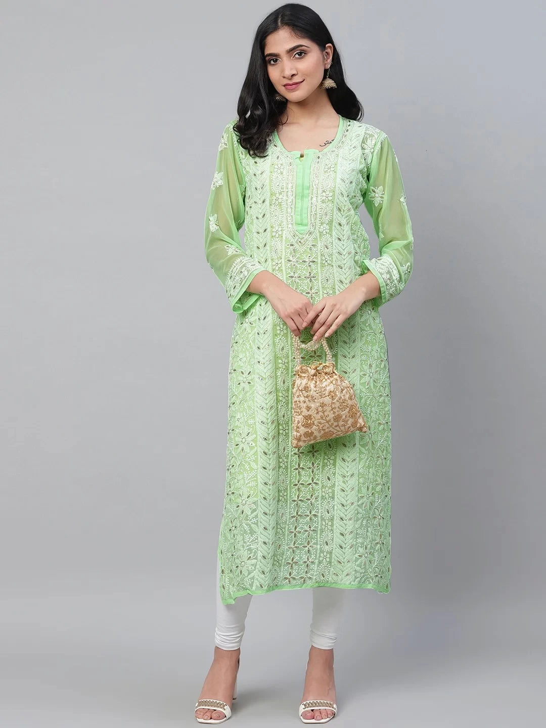 Ada Hand Embroidered Green Georgette Lucknowi Chikankari Straight Kurta/Slip With Gota Patti Work A411110