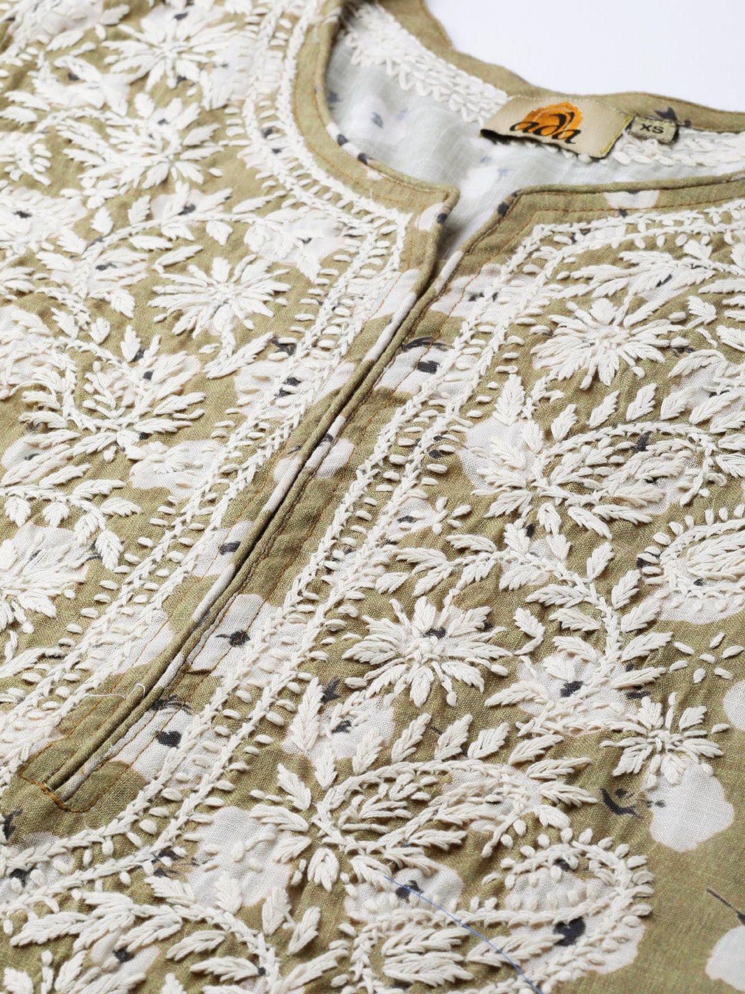 Ada Hand Embroidered Olive Green Cotton Lucknowi Chikankari Straight Kurta A100433