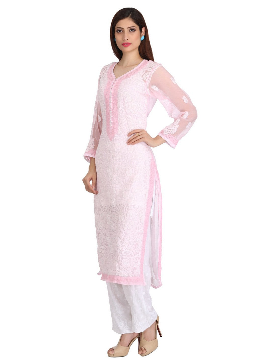 Ada Hand Embroidered Pink Faux Georgette Lucknowi Chikankari Straight  Kurta with Slip A225697