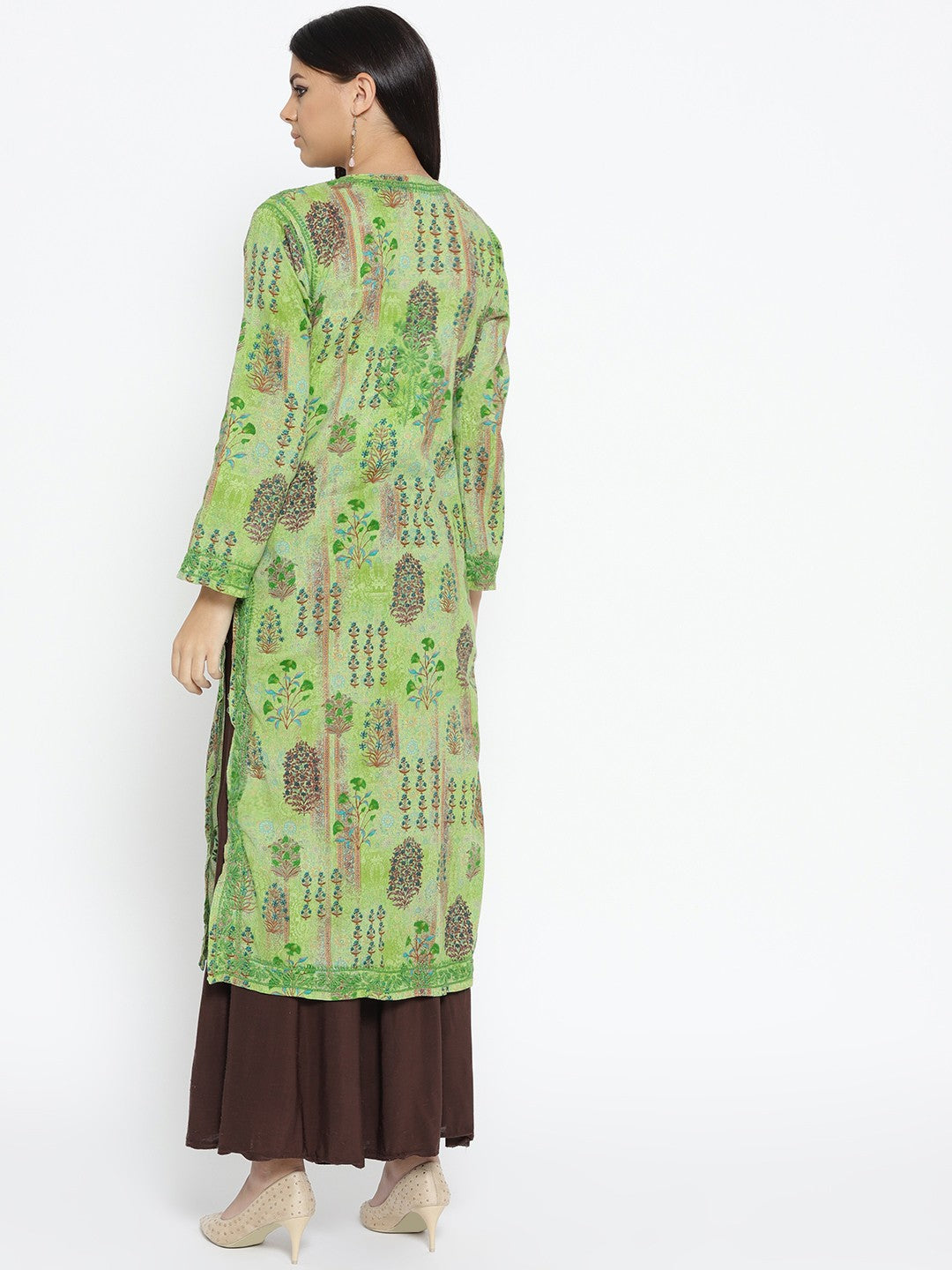 Ada Hand Embroidered Green Printed Cotton Chikan Kurta-A100058