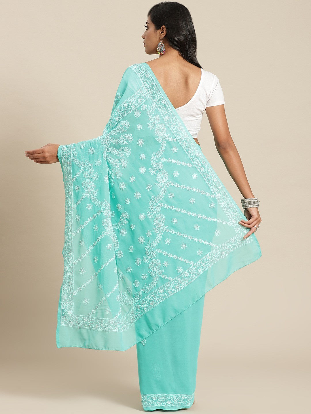Ada Hand Embroidered Green Georgette Lucknow Chikan Saree With Blouse A311345