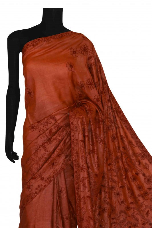 Ada Hand Embroidered Rust Tusser Silk Lucknowi Chikankari Saree With Blouse - A485266