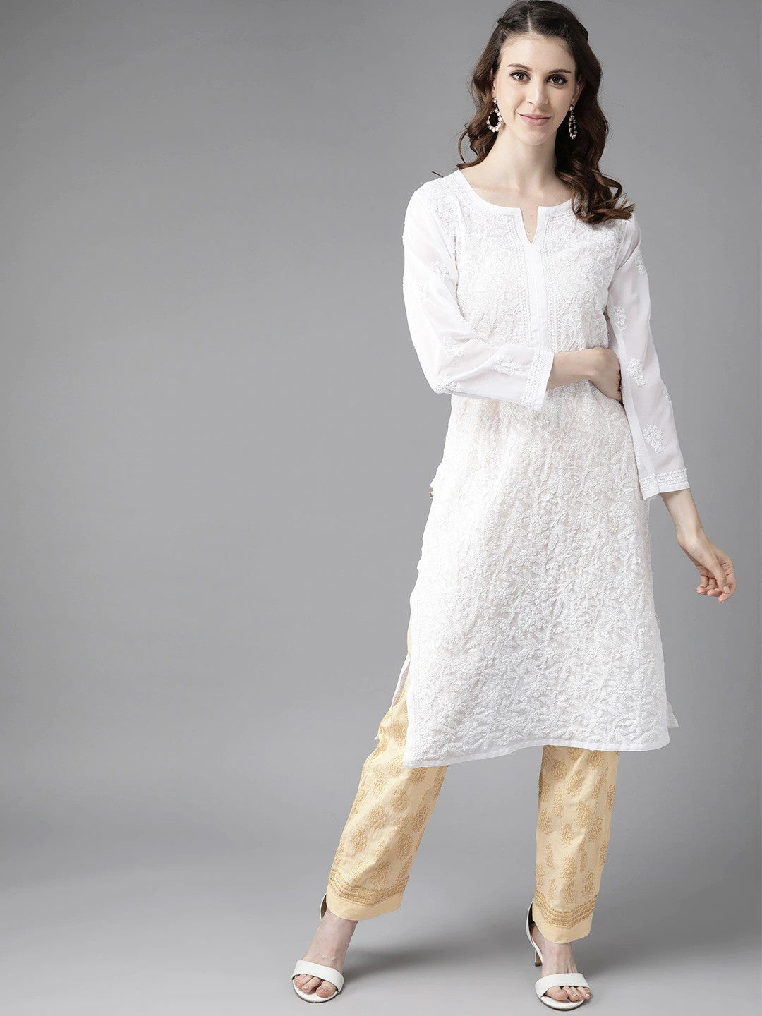 Ada Hand Embroidered White/Fawn Georgette Lucknowi Chikankari Kurta Set A811177