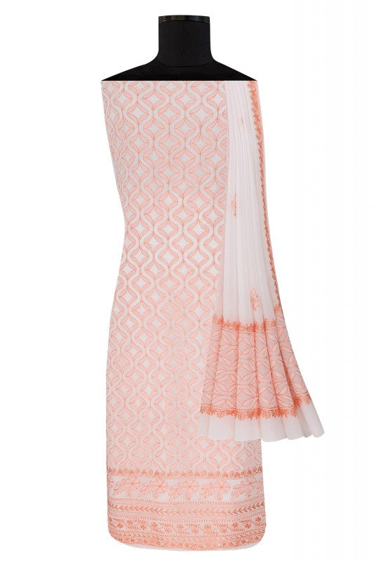 Ada Hand Embroidered White Pure Georgette Lucknowi Chikan Unstitched Kurta Dupatta Set- A222161