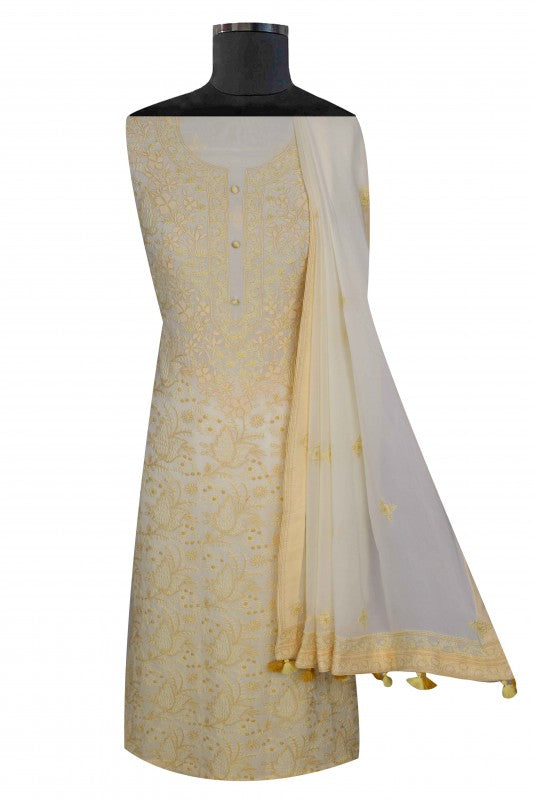 Ada Hand Embroidered Cream Georgette Lucknowi Chikan Unstitched Kurta Dupatta Set A191281