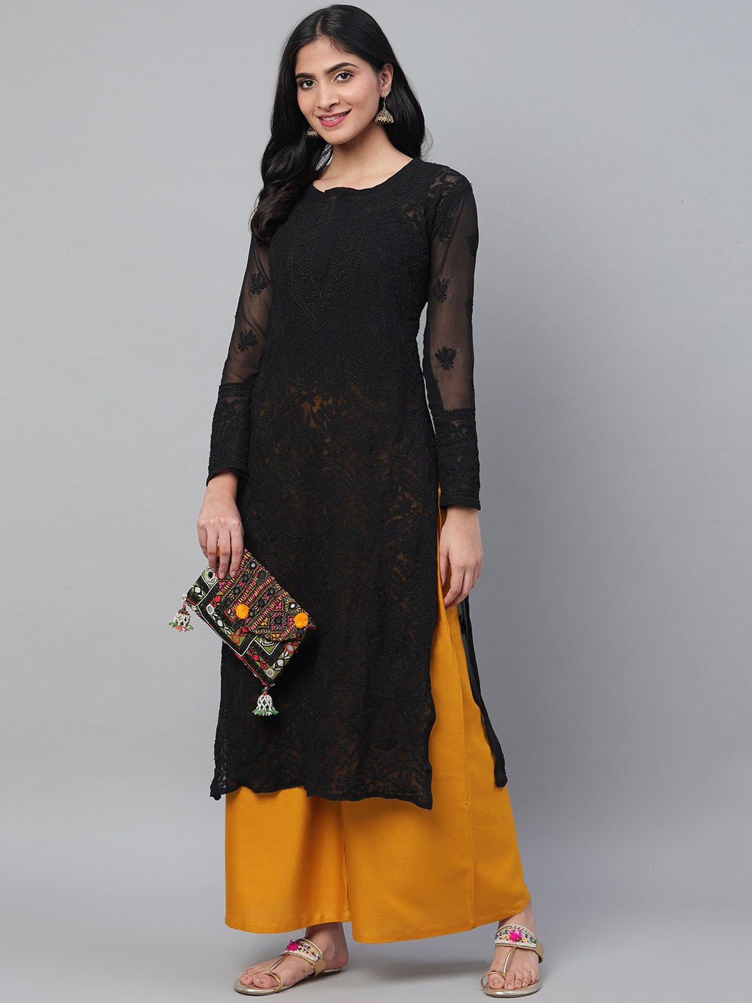 Ada Hand Embroidered Black Georgette Lucknow Chikankari Kurta A100589