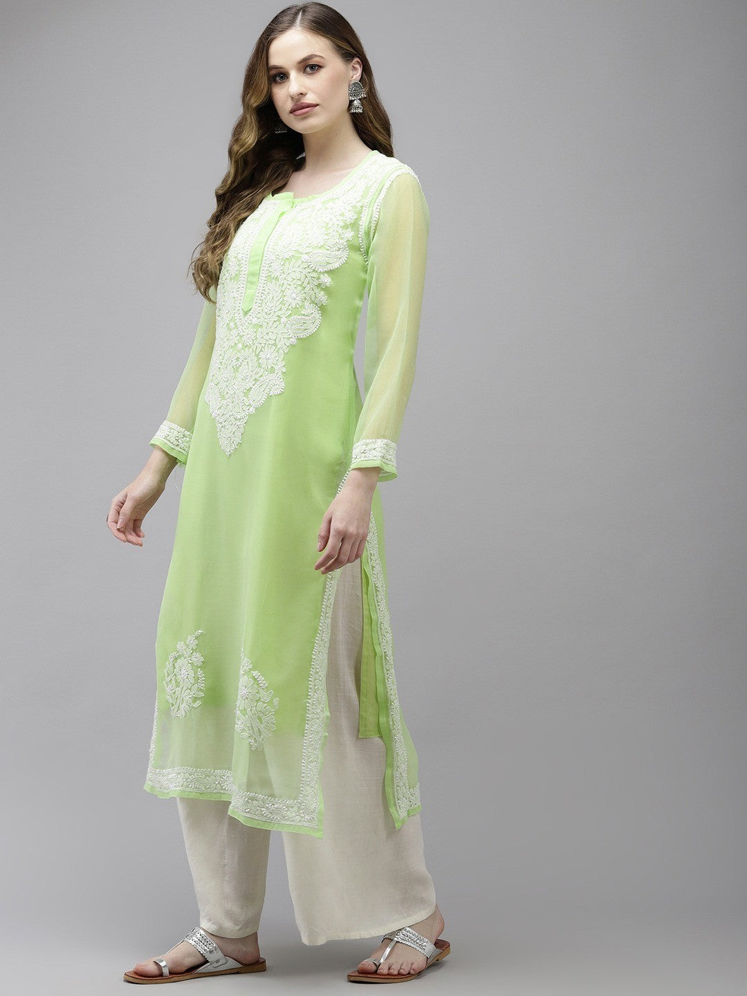 Ada Hand Embroidered Parrot Green Georgette Lucknowi Chikankari Straight Kurta With Slip A411365