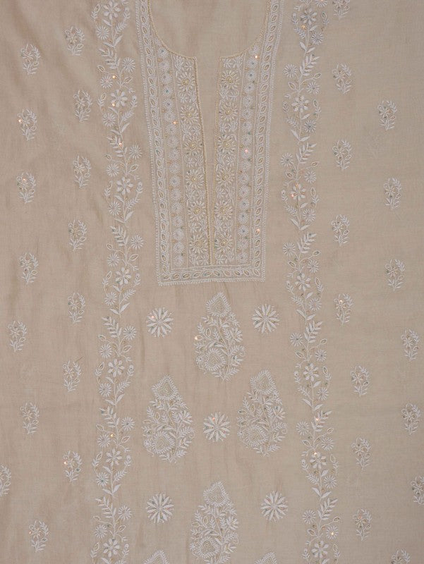 Ada Hand Embroidered Natural Fawn Tissue Lucknowi Chikankari Unstitched Kurta Dupatta Set With Pearl Work 01A193516