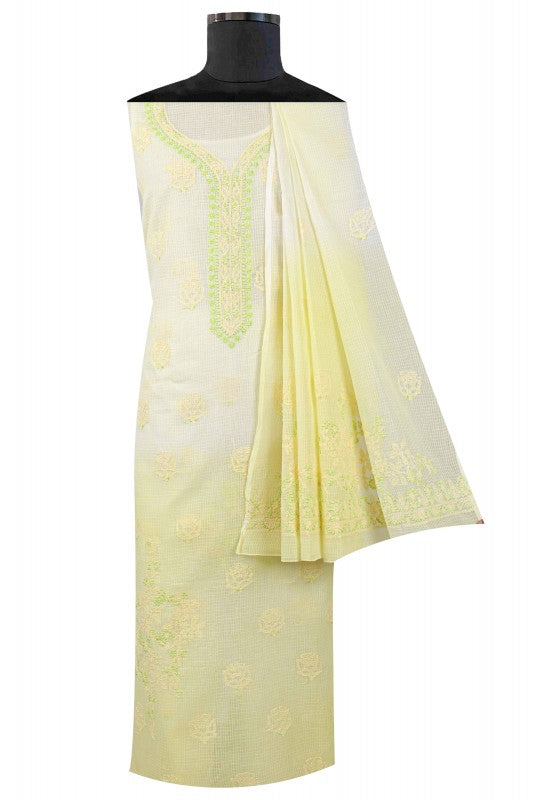 Ada Hand Embroidered Lemon Kota Lucknowi Chikan Unstitched Kurta Dupatta Set A596934