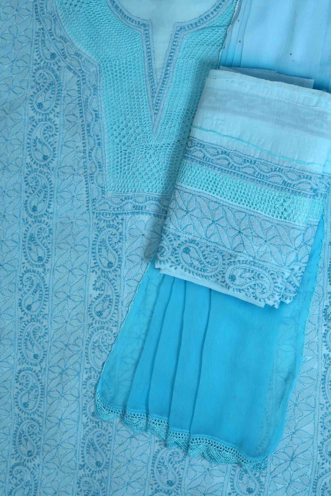 Ada Hand Embroidered Blue Cotton Lucknowi Chikankari Unstitched Suit Piece 01A127644