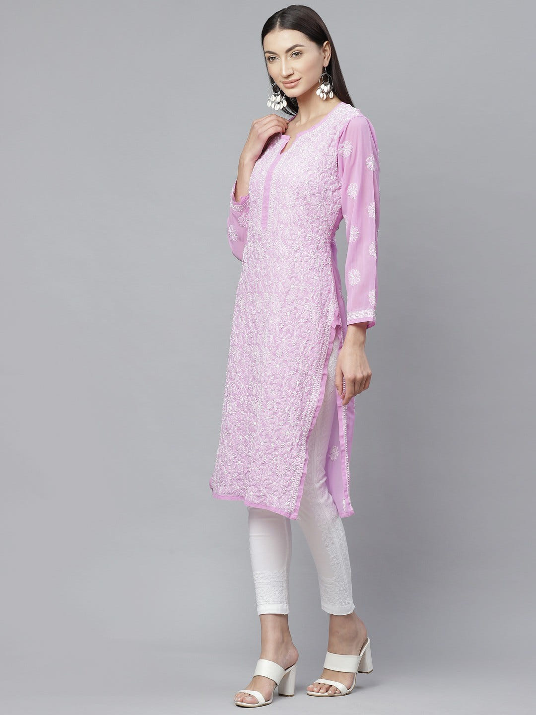 Ada Hand Embroidered Lavender and White Georgette Lucknowi Chikankari Kurta with Trouser Set A811141