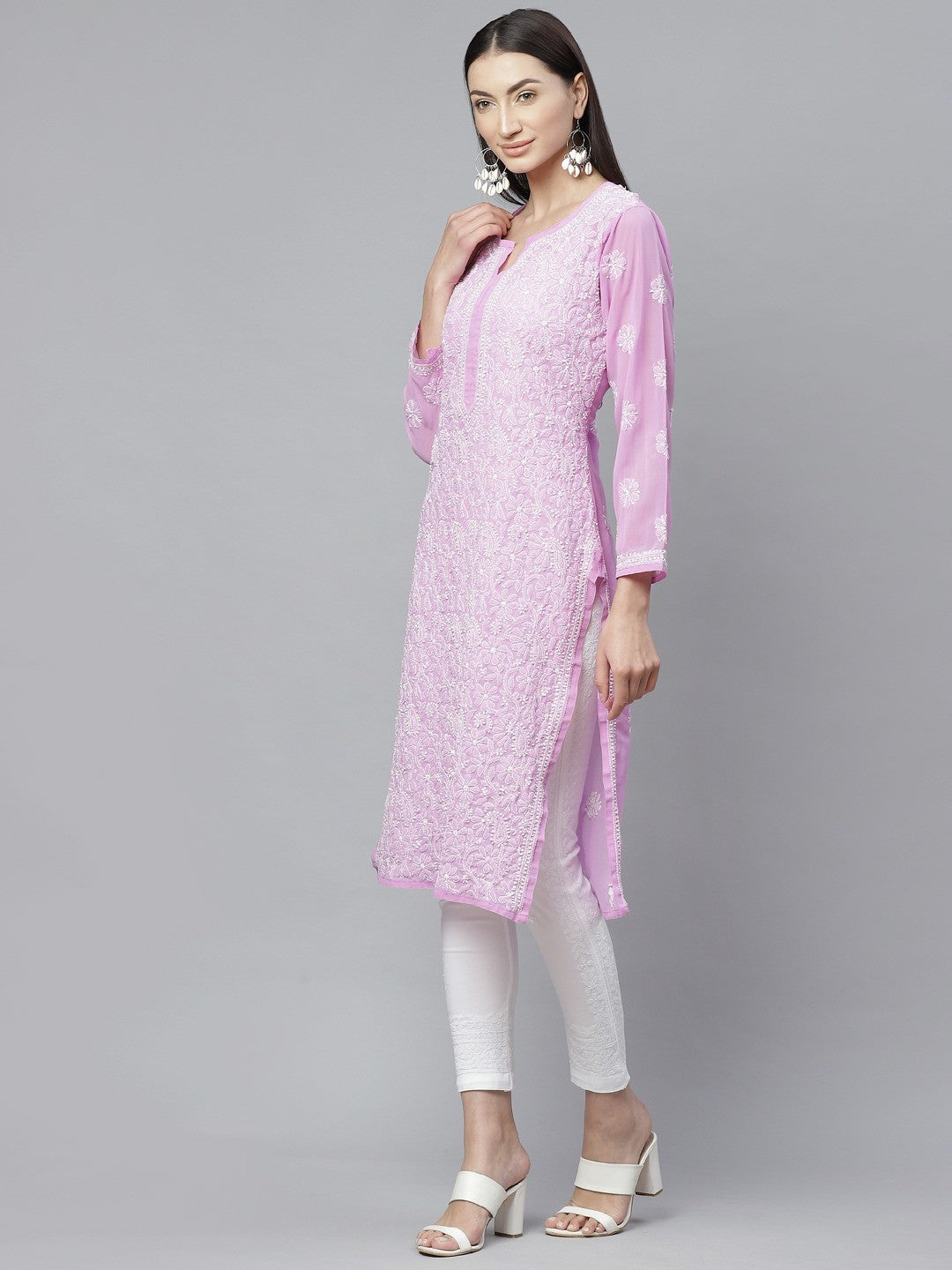 Ada Hand Embroidered Lavender and White Georgette Lucknowi Chikankari Kurta with Trouser Set A811141