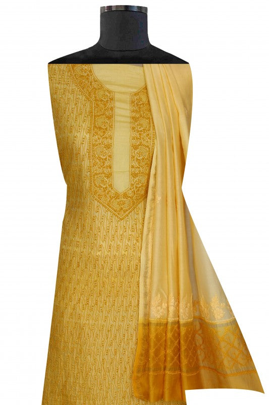Ada Hand Embroidered Fawn Tusser Silk Chikan Unstitched Kurta Duppata set A606093