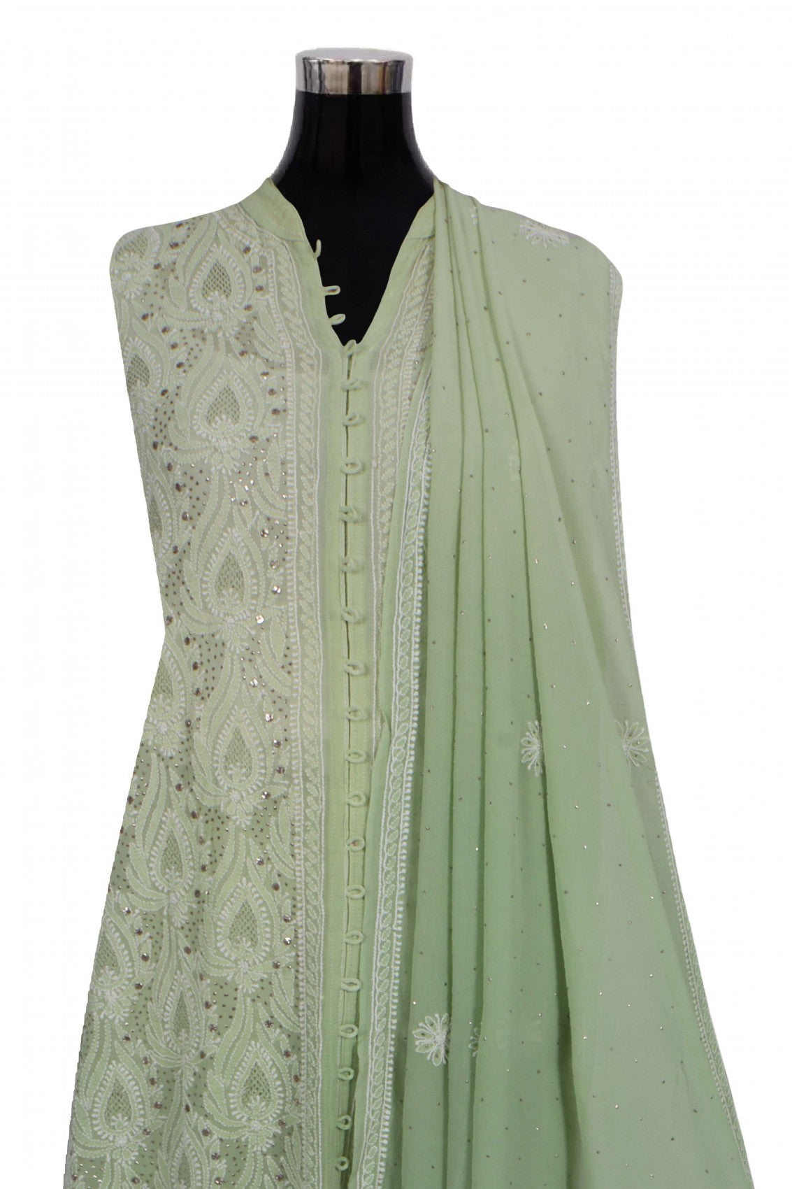 Ada Hand Embroidered Tea Green Pure Georgette Lucknowi Chikankari Semi-Stitched Suit Set With Muqaish Work A77998