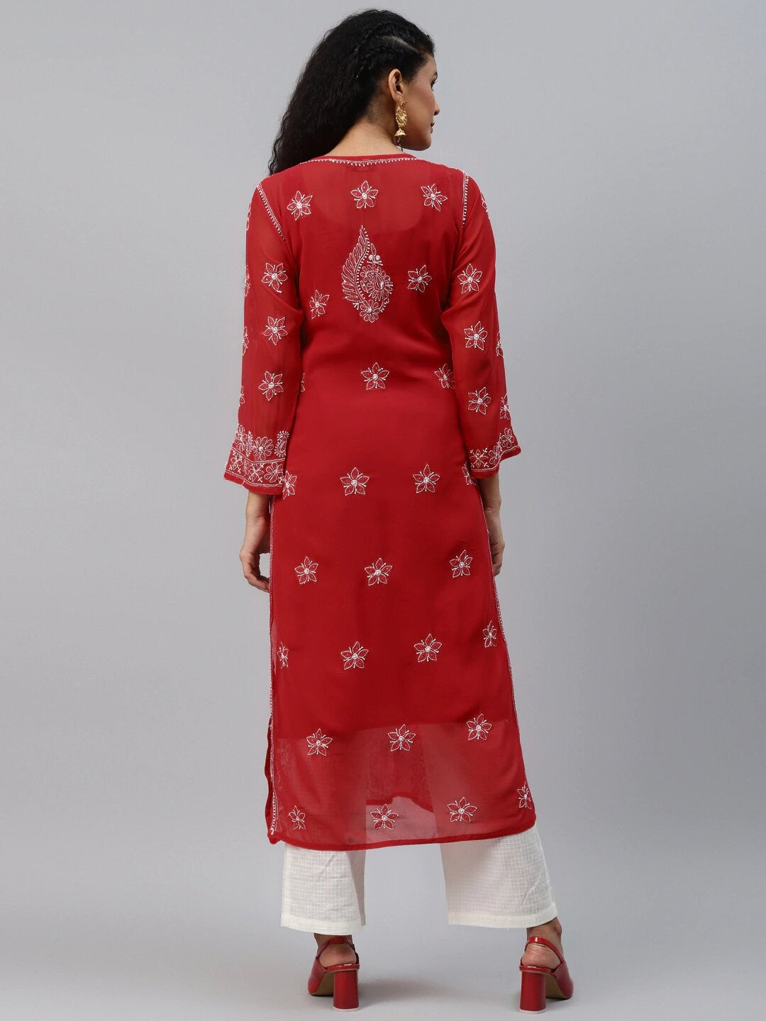 Ada Hand Embroidered Red Georgette Lucknow Chikankari Straight Kurta/Slip with Muqaish Work A411219
